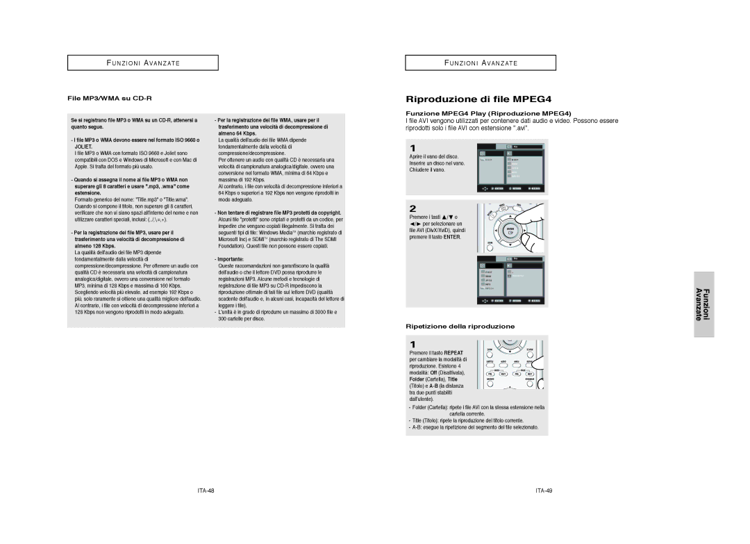 Samsung DVD-HD950/XET Riproduzione di file MPEG4, File MP3/WMA su CD-R, Funzione MPEG4 Play Riproduzione MPEG4, ITA-48 