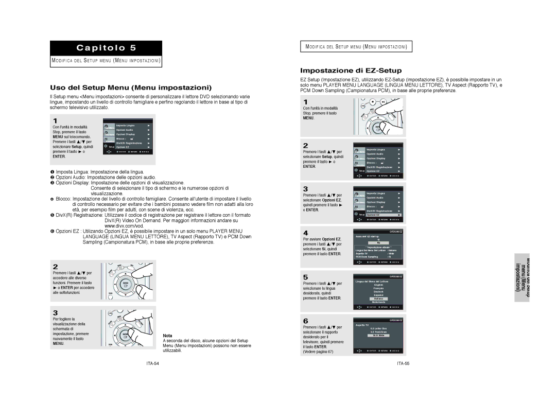 Samsung DVD-HD950/XET manual Uso del Setup Menu Menu impostazioni, Impostazione di EZ-Setup, ITA-54 