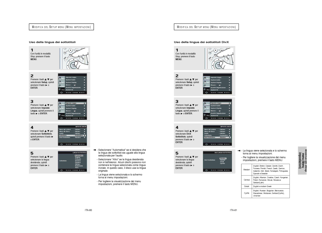 Samsung DVD-HD950/XET manual Uso della lingua dei sottotitoli DivX, ITA-60, ITA-61 