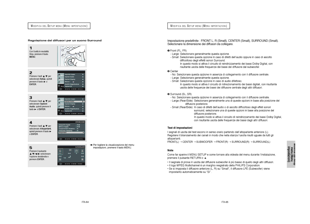 Samsung DVD-HD950/XET manual Test di impostazioni, Regolazione del diffusori per un suono Surround, ITA-64, ITA-65 