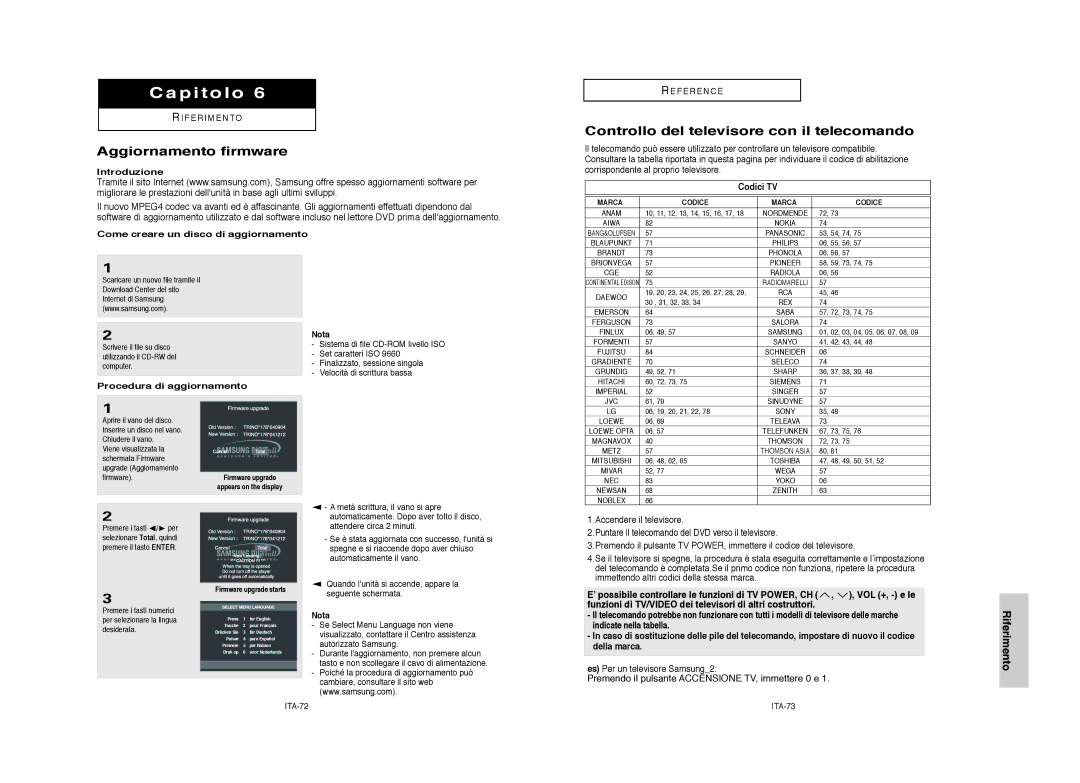 Samsung DVD-HD950/XET manual Aggiornamento firmware, Controllo del televisore con il telecomando, Codici TV 