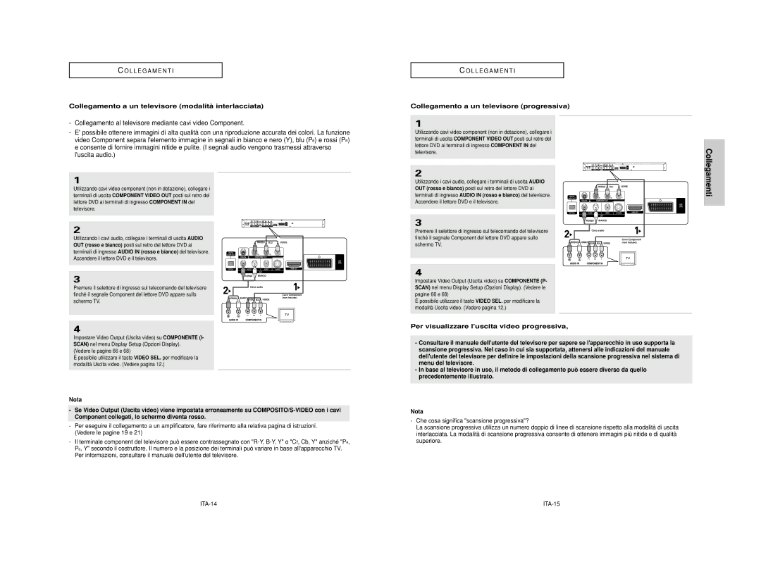 Samsung DVD-HD950/XET manual Collegamento a un televisore modalità interlacciata, Collegamento a un televisore progressiva 