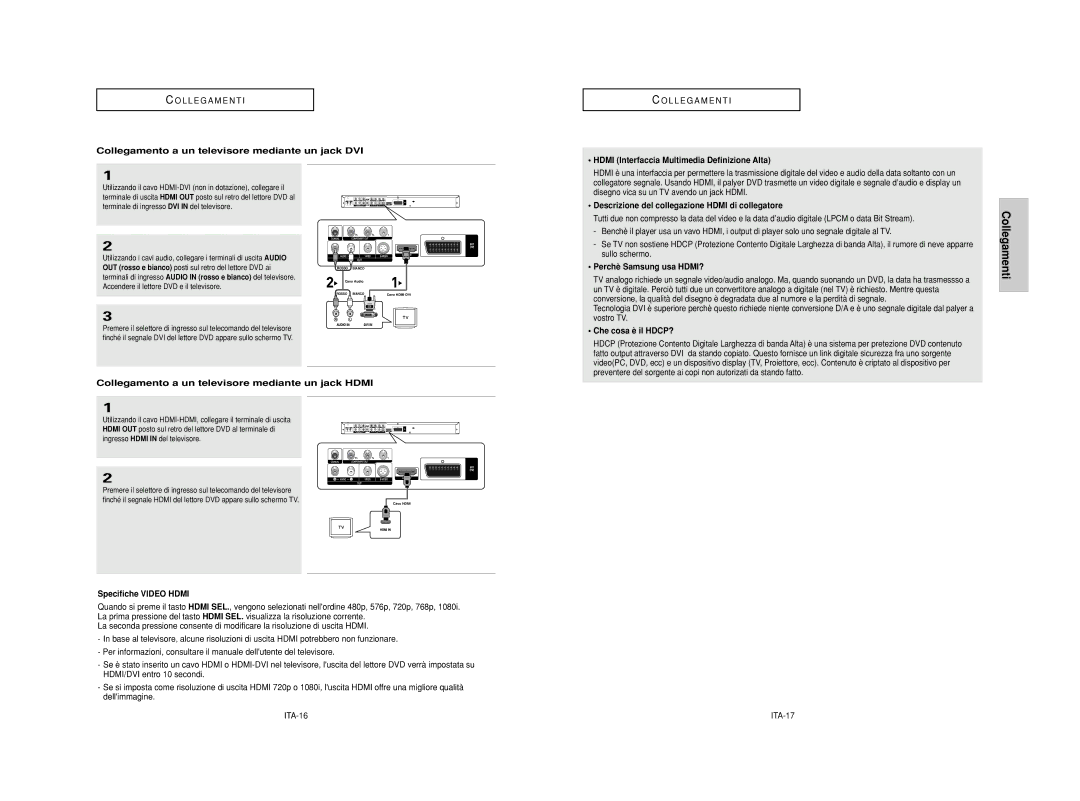 Samsung DVD-HD950/XET Collegamento a un televisore mediante un jack DVI, Hdmi Interfaccia Multimedia Definizione Alta 