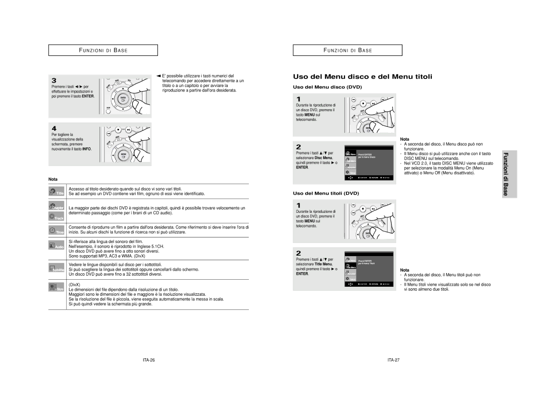 Samsung DVD-HD950/XET Uso del Menu disco e del Menu titoli, Uso del Menu disco DVD, Uso del Menu titoli DVD, Enter, ITA-27 