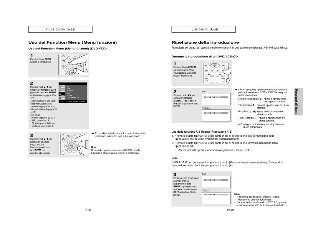 Samsung DVD-HD950/XET manual Uso del Function Menu Menu funzioni, Ripetizione della riproduzione 