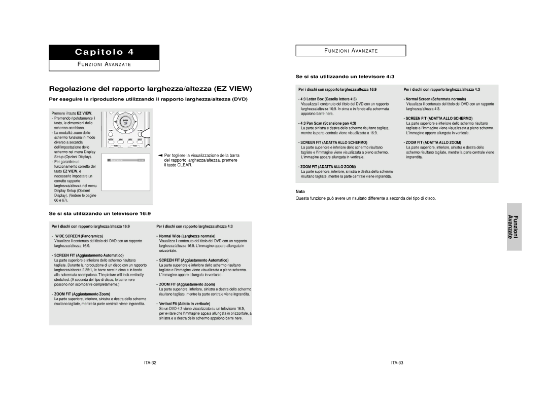 Samsung DVD-HD950/XET Regolazione del rapporto larghezza/altezza EZ View, Se si sta utilizzando un televisore, ITA-32 