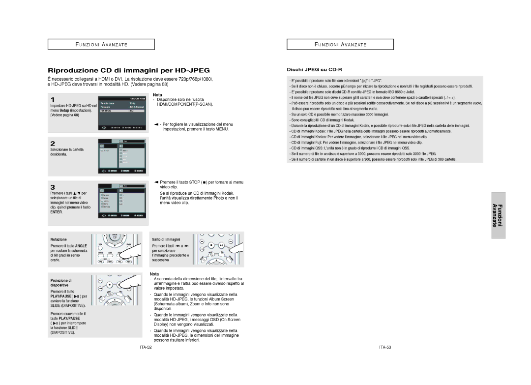 Samsung DVD-HD950/XET manual Riproduzione CD di immagini per HD-JPEG, Dischi Jpeg su CD-R, Menu video clip 