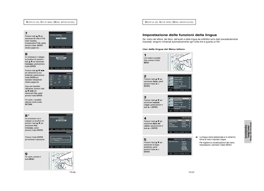 Samsung DVD-HD950/XET manual Impostazione delle funzioni della lingua, Uso della lingua del Menu lettore, ITA-56, Return 