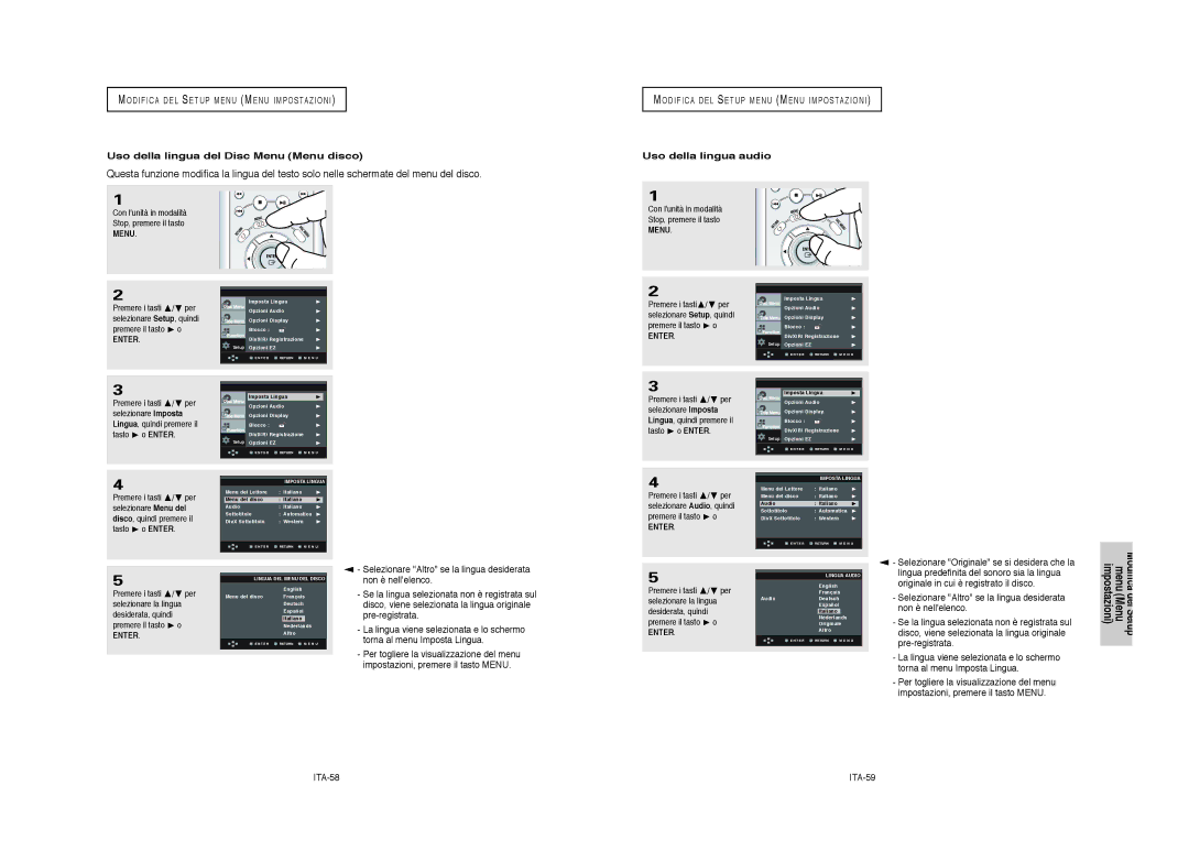 Samsung DVD-HD950/XET Uso della lingua del Disc Menu Menu disco, Uso della lingua audio, ITA-58, Selezionare la lingua 