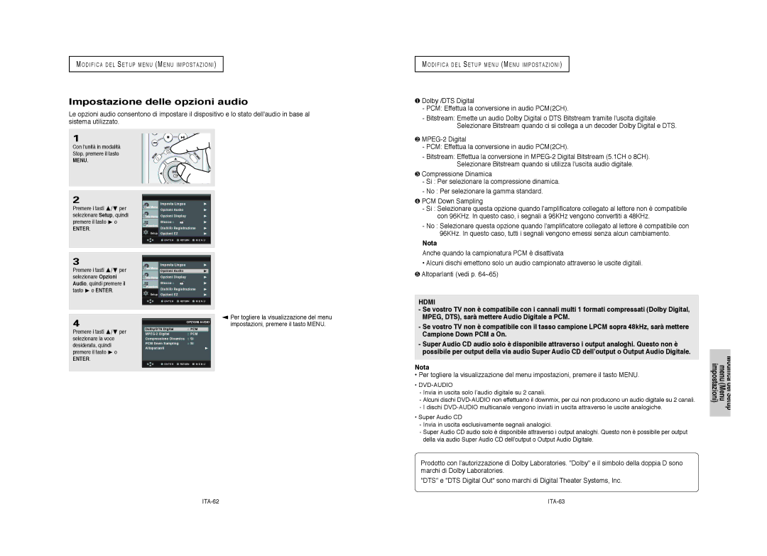 Samsung DVD-HD950/XET manual Impostazione delle opzioni audio, ITA-62, ITA-63 