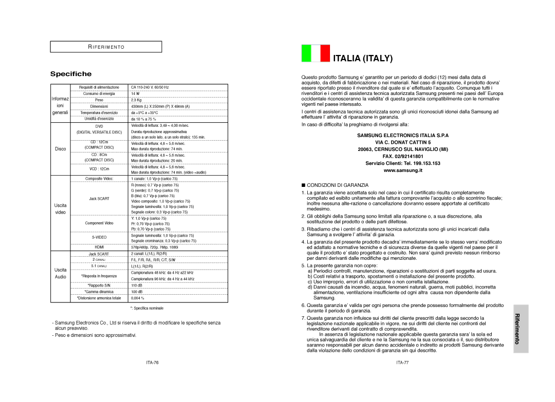 Samsung DVD-HD950/XET manual Specifiche, FAX /92141801 Servizio Clienti Tel, Informaz, ITA-76, Hdmi 