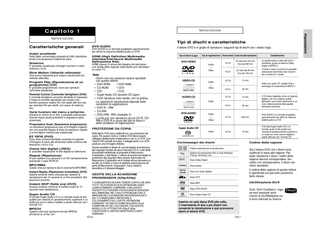 Samsung DVD-HD950/XET manual Caratteristiche generali, Tipi di dischi e caratteristiche, Nota 