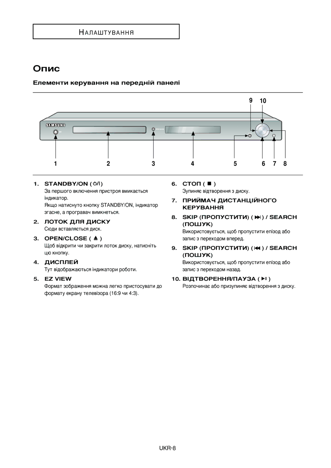 Samsung DVD-HD950/XEV manual Éôëò, Öîâïâìúë ÍÂÛ‚‡ÌÌﬂ Ì‡ ÔÂÂ‰Ì¥È Ô‡ÌÂÎ¥, UKR-8, EZ View 