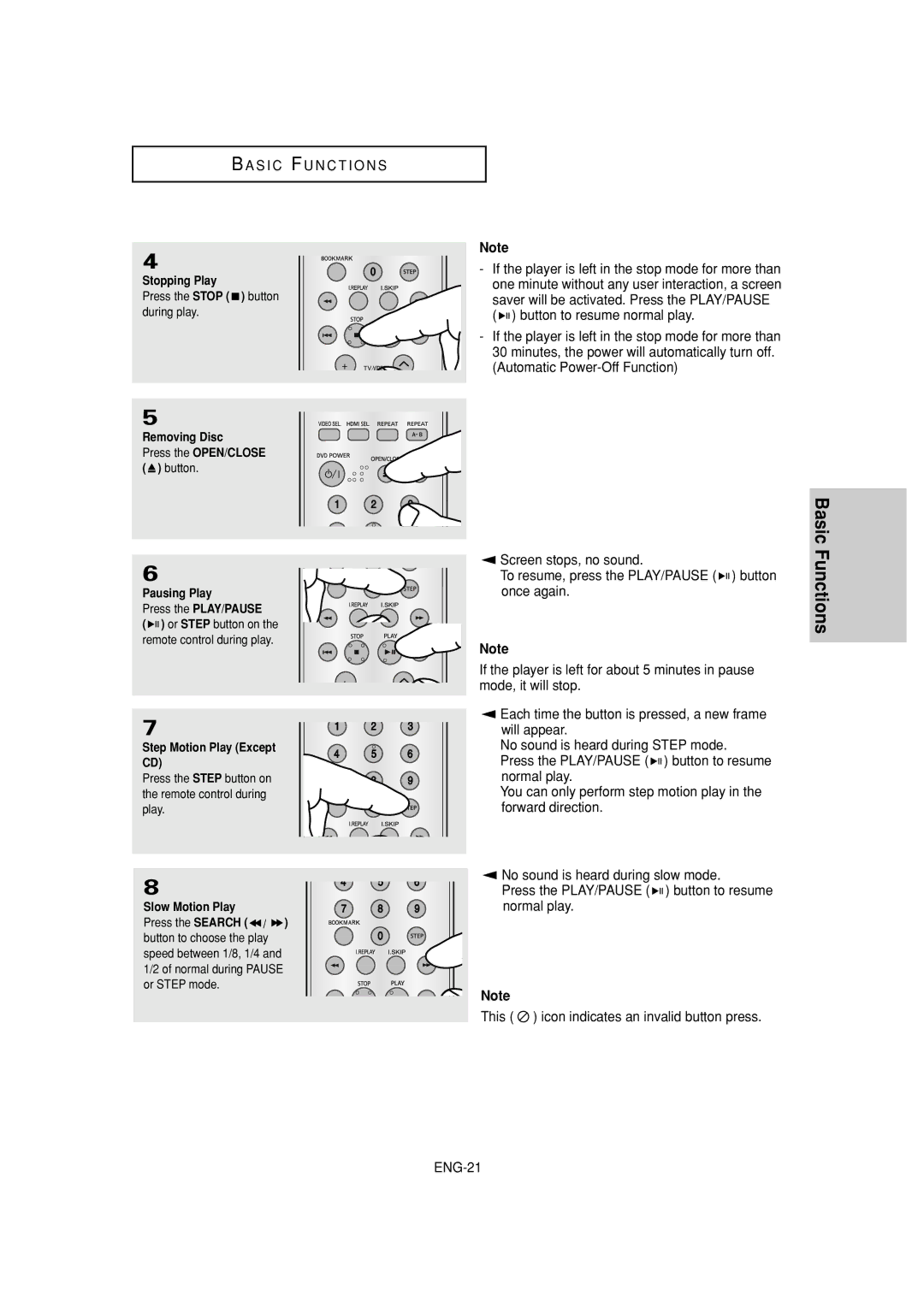 Samsung DVD-HD960 manual Stopping Play, Removing Disc, Pausing Play, Step Motion Play Except, Slow Motion Play 