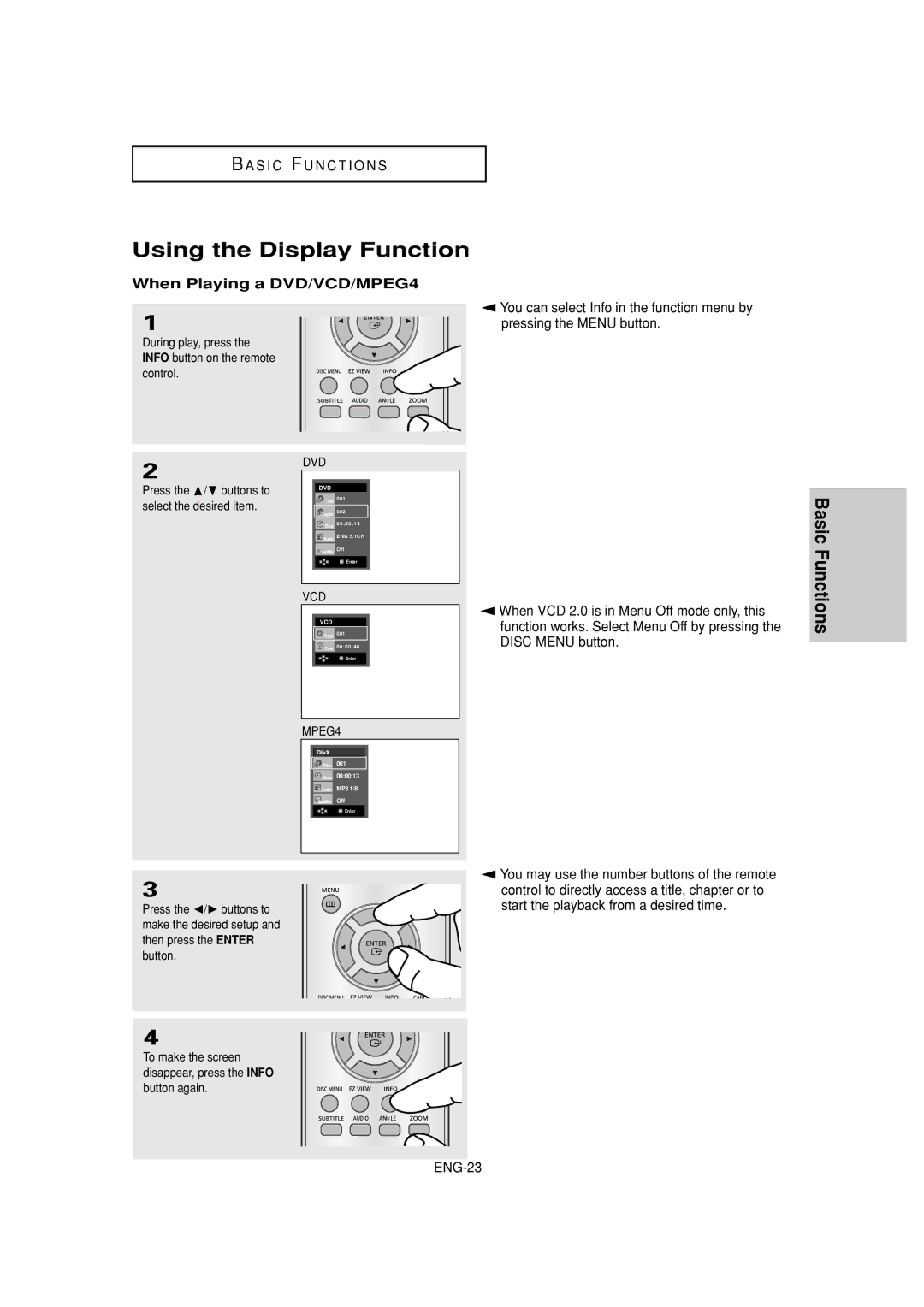 Samsung DVD-HD960 manual Using the Display Function, When Playing a DVD/VCD/MPEG4 