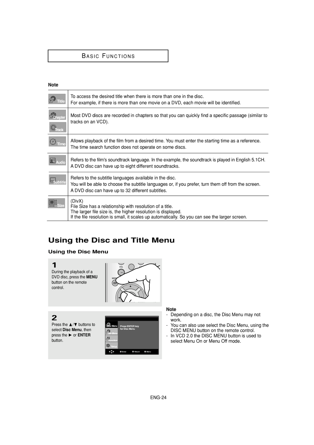 Samsung DVD-HD960 manual Using the Disc and Title Menu, Using the Disc Menu 