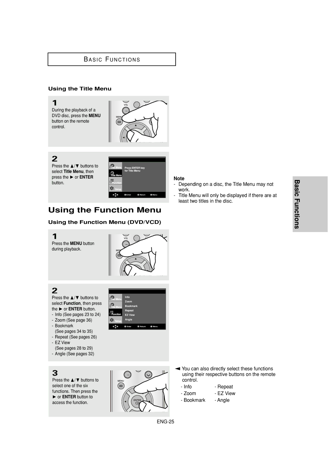 Samsung DVD-HD960 manual Using the Title Menu, Basic, Using the Function Menu DVD/VCD 