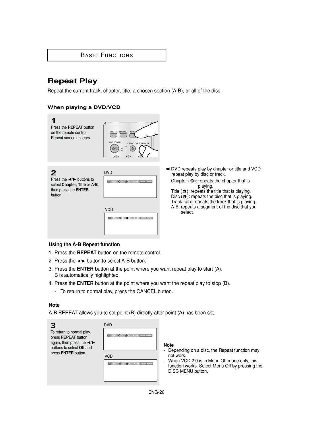 Samsung DVD-HD960 manual Repeat Play, Using the A-B Repeat function, When playing a DVD/VCD, Then press the Enter button 