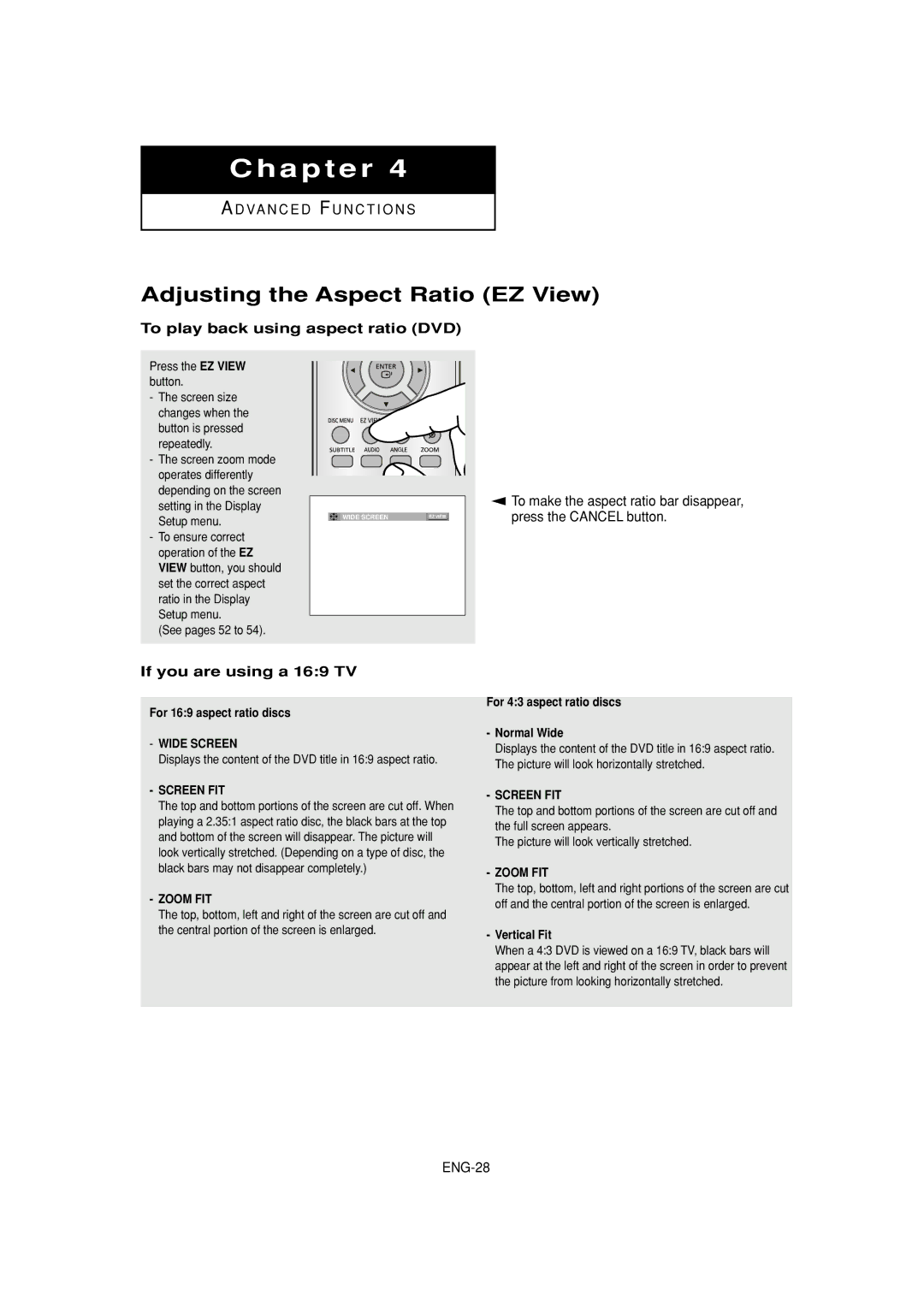 Samsung DVD-HD960 manual Adjusting the Aspect Ratio EZ View, To play back using aspect ratio DVD, If you are using a 169 TV 