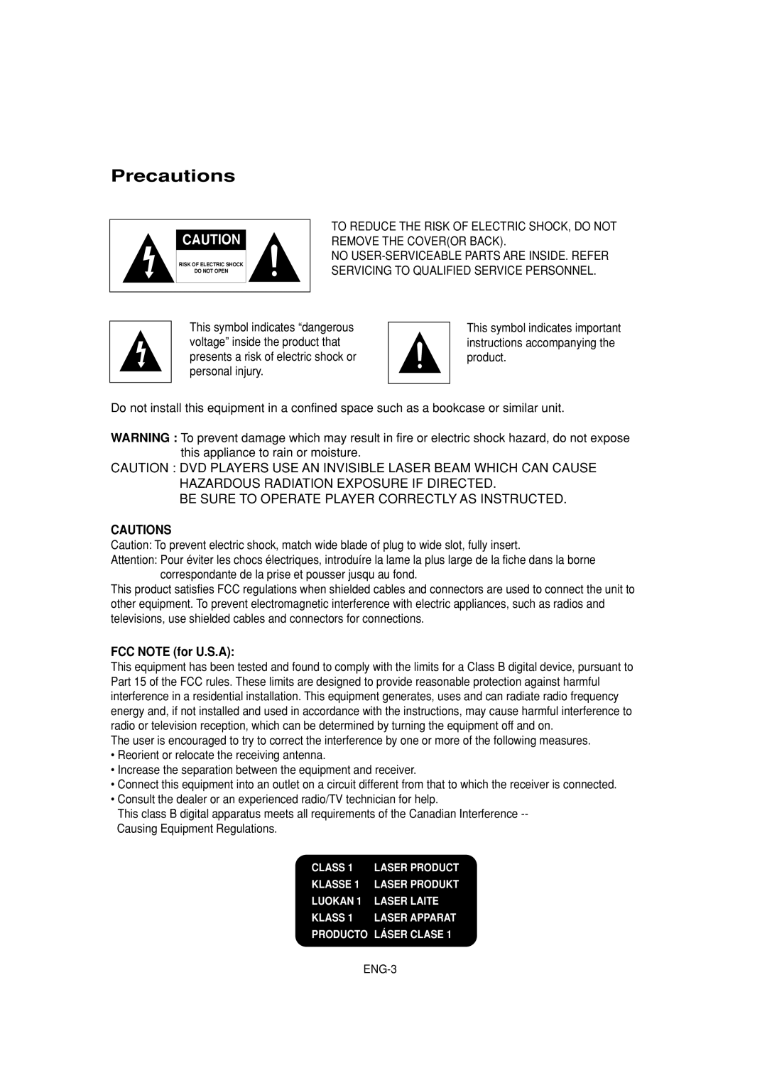 Samsung DVD-HD960 manual Precautions, FCC Note for U.S.A 