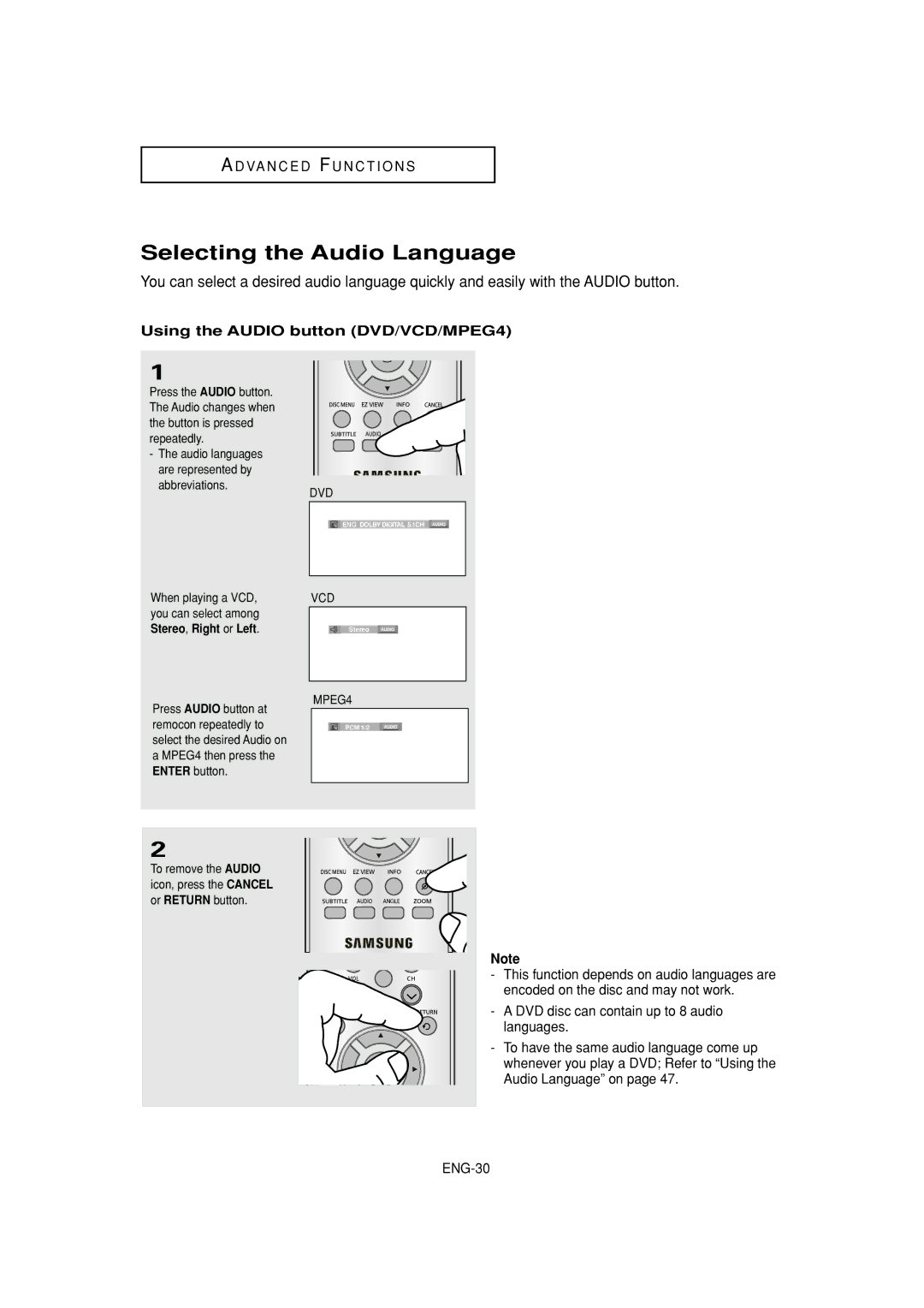 Samsung DVD-HD960 manual Selecting the Audio Language, Using the Audio button DVD/VCD/MPEG4, Stereo , Right or Left 