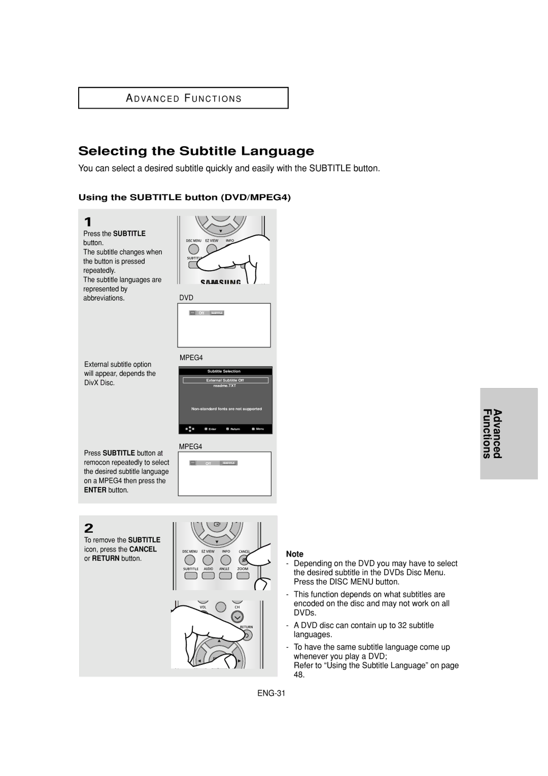 Samsung DVD-HD960 manual Selecting the Subtitle Language, Using the Subtitle button DVD/MPEG4 