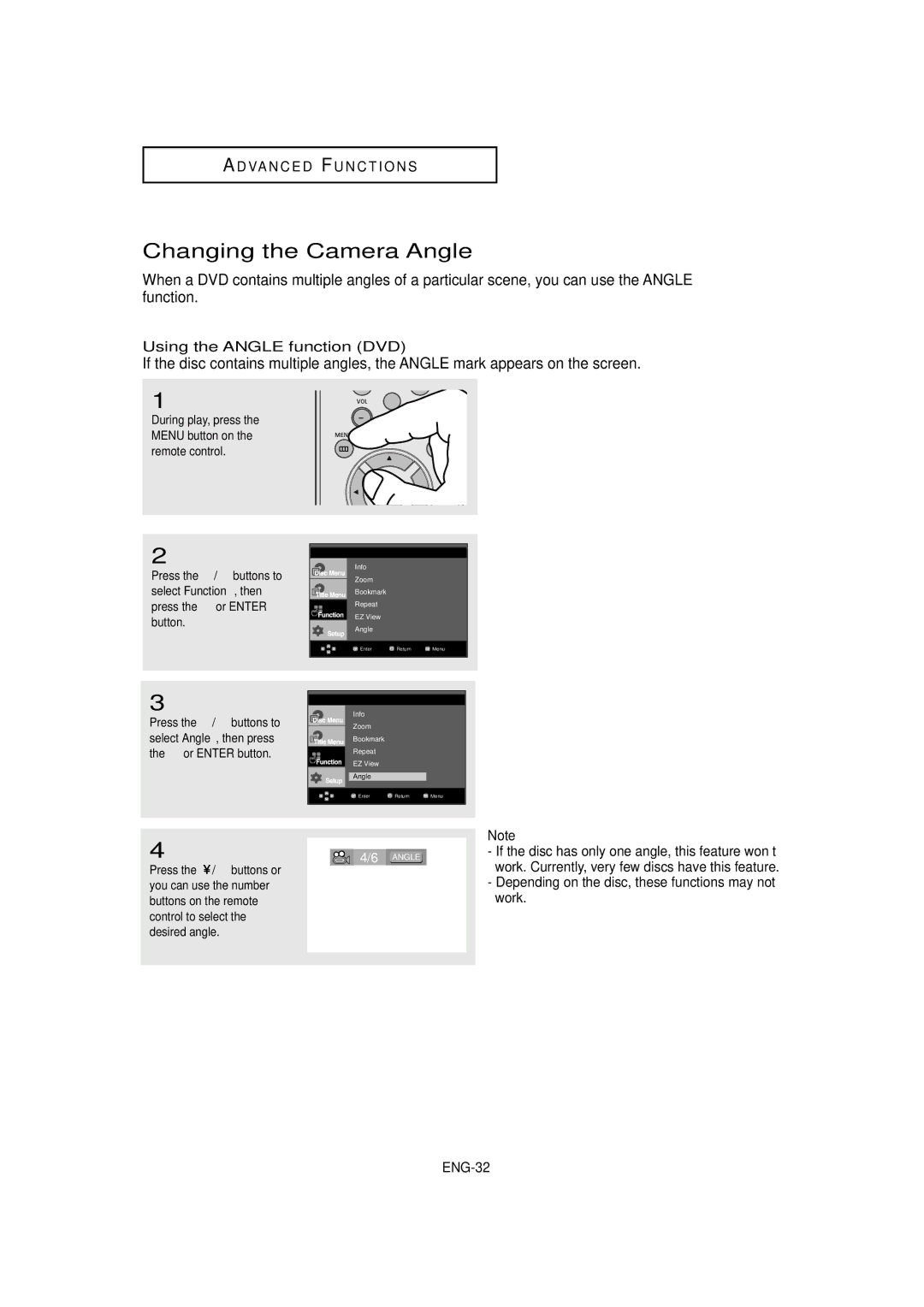 Samsung DVD-HD960 manual Changing the Camera Angle, Using the Angle function DVD 