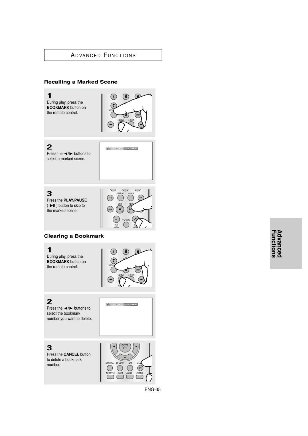 Samsung DVD-HD960 manual Recalling a Marked Scene, Clearing a Bookmark, Bookmark button on, Remote control 