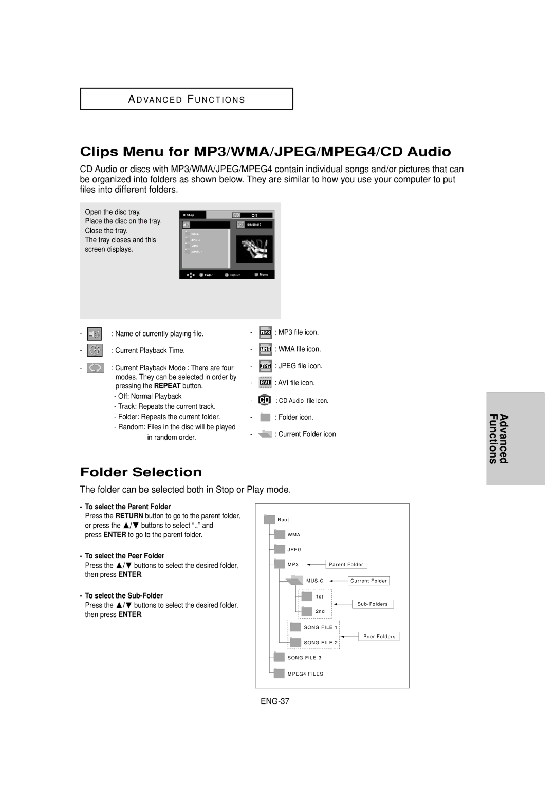 Samsung DVD-HD960 manual Clips Menu for MP3/WMA/JPEG/MPEG4/CD Audio, Folder Selection, To select the Parent Folder 