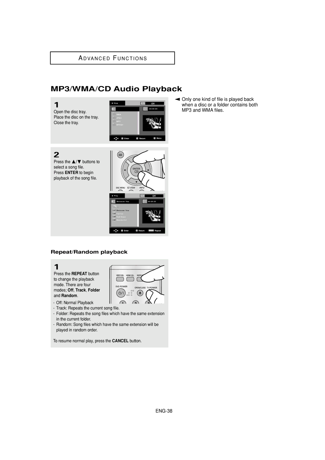 Samsung DVD-HD960 manual MP3/WMA/CD Audio Playback, Repeat/Random playback, Press the /❷ buttons to select a song file 