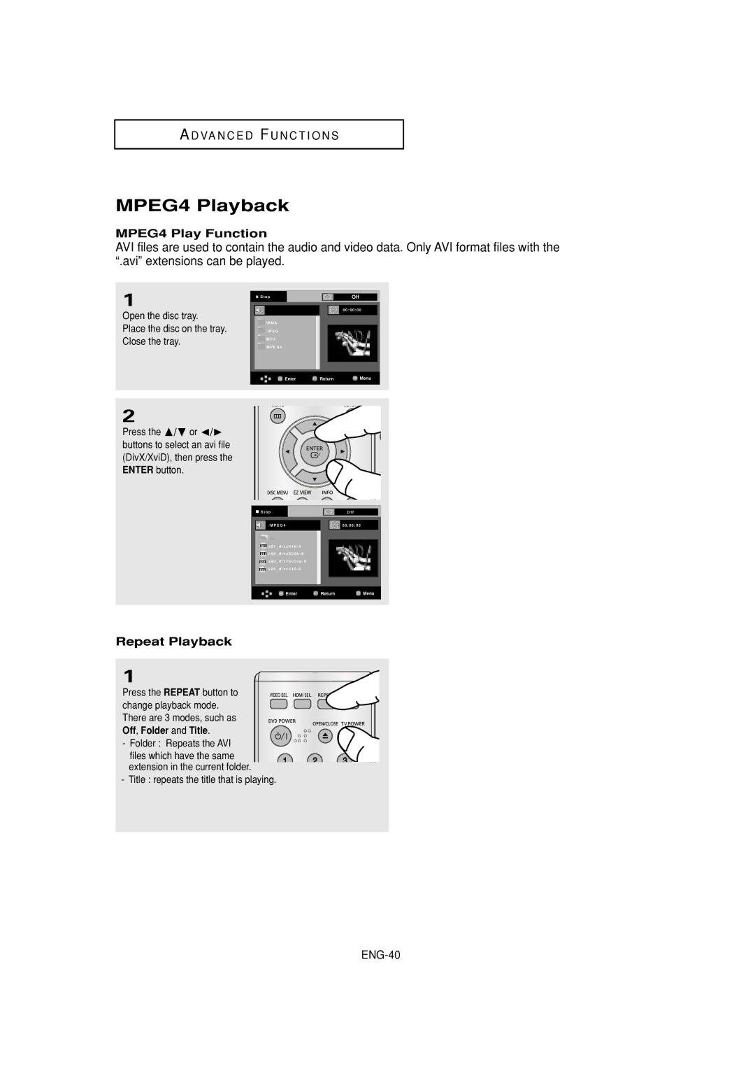 Samsung DVD-HD960 manual MPEG4 Playback, MPEG4 Play Function, Repeat Playback, Off, Folder and Title 