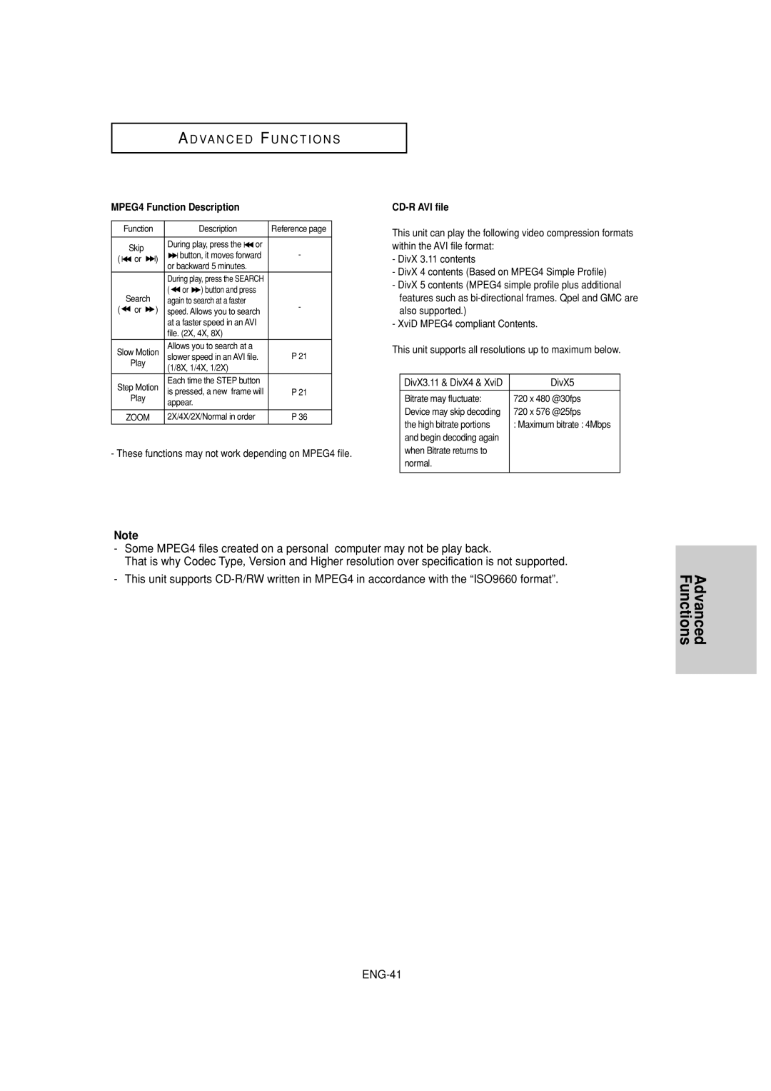 Samsung DVD-HD960 manual MPEG4 Function Description, These functions may not work depending on MPEG4 file, CD-R AVI file 