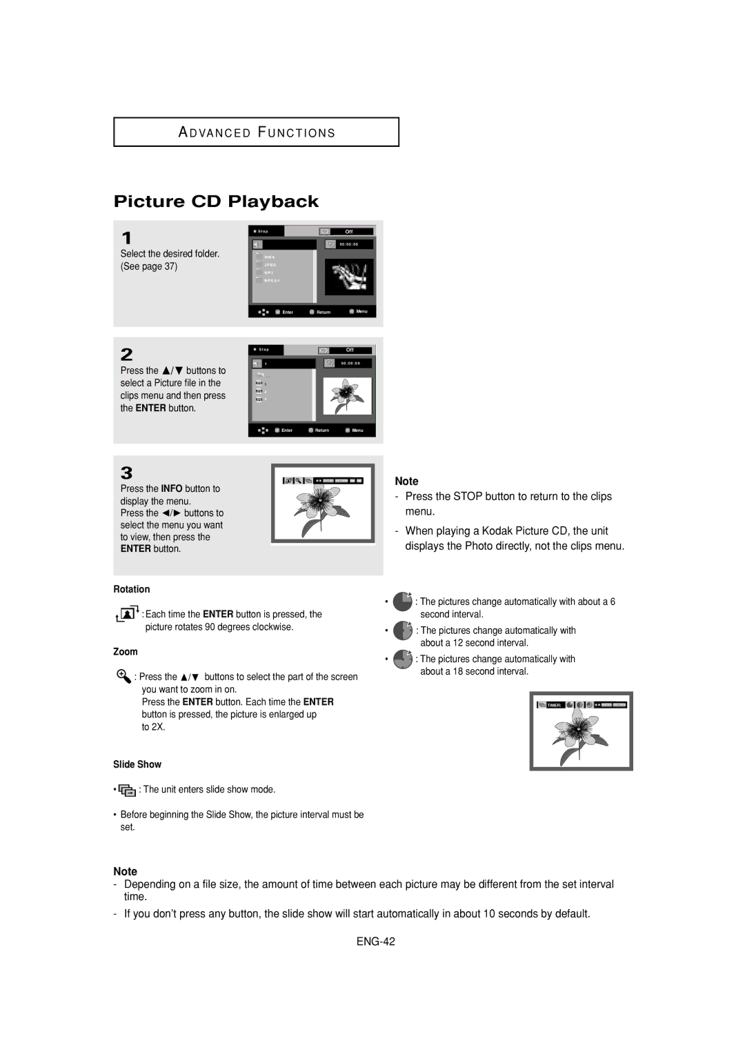 Samsung DVD-HD960 manual Picture CD Playback, Rotation, Zoom, Slide Show 