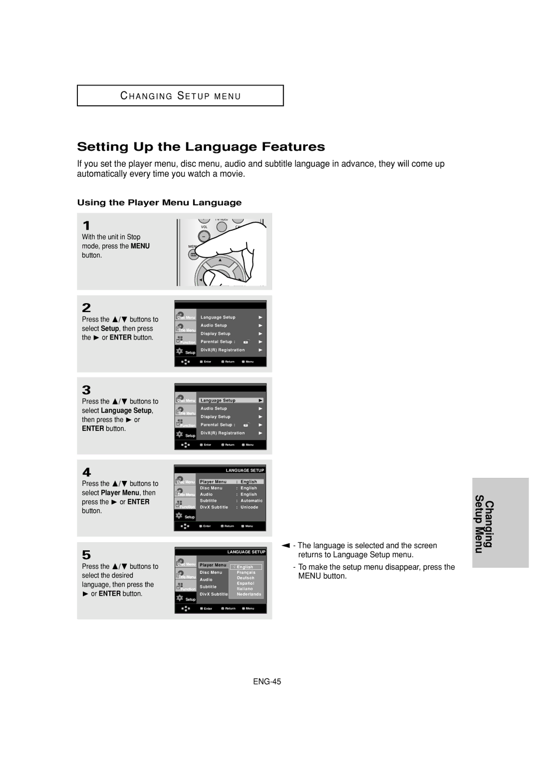 Samsung DVD-HD960 manual Setting Up the Language Features, Using the Player Menu Language, ❿ or Enter button 