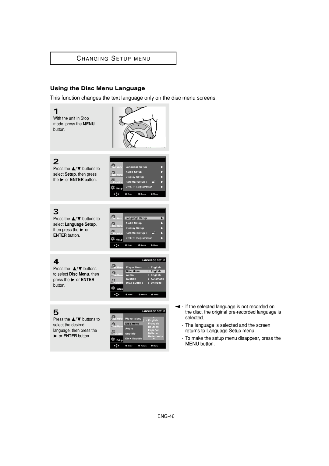 Samsung DVD-HD960 manual Using the Disc Menu Language 