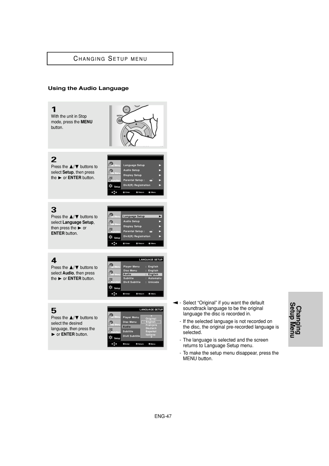 Samsung DVD-HD960 manual Using the Audio Language, Disc, the original pre-recorded language is 