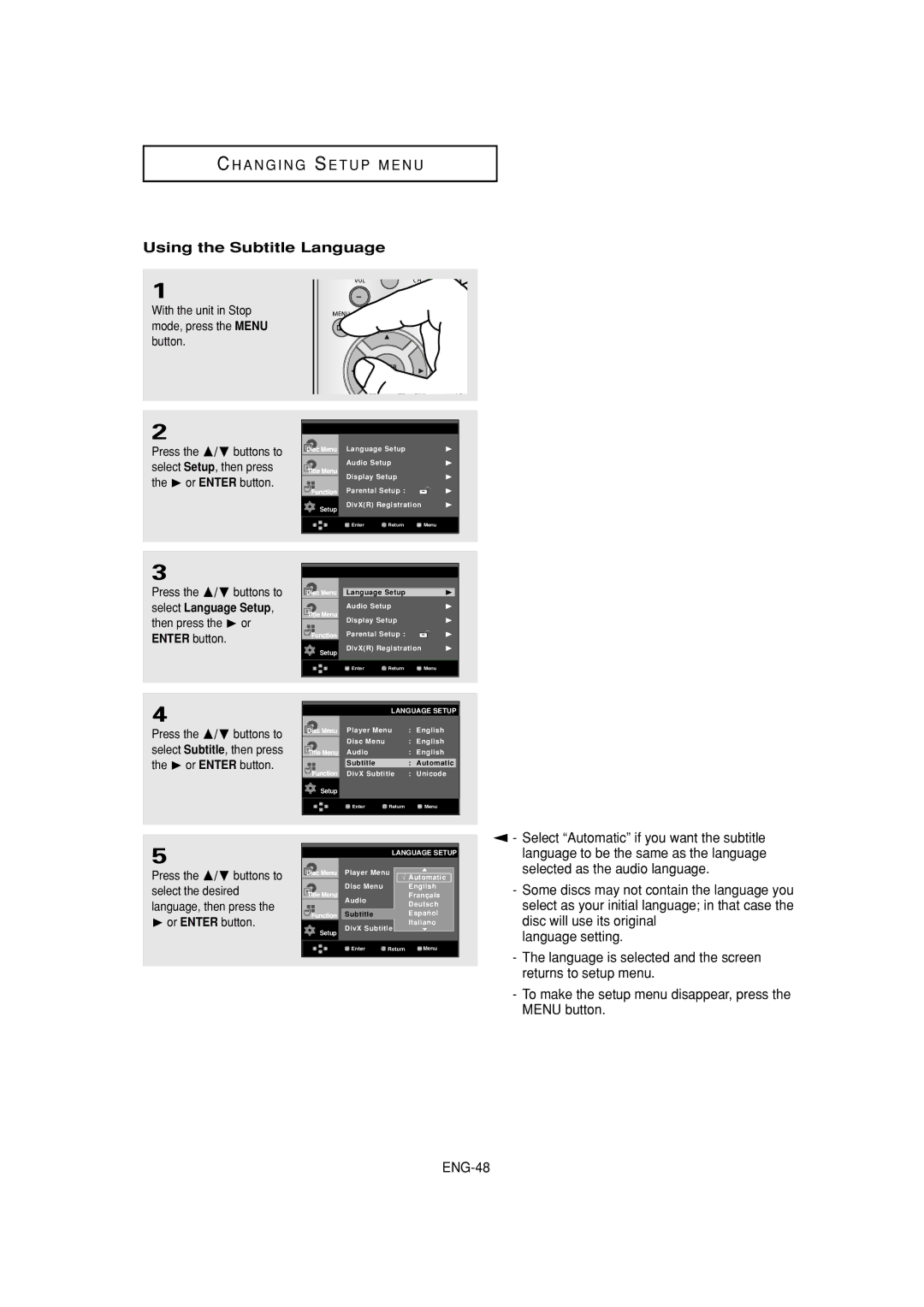 Samsung DVD-HD960 manual Using the Subtitle Language, Some discs may not contain the language you, Language setting 