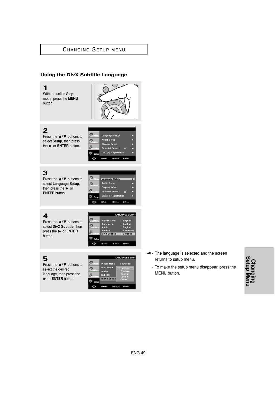 Samsung DVD-HD960 manual Changing Setup Menu, Using the DivX Subtitle Language 