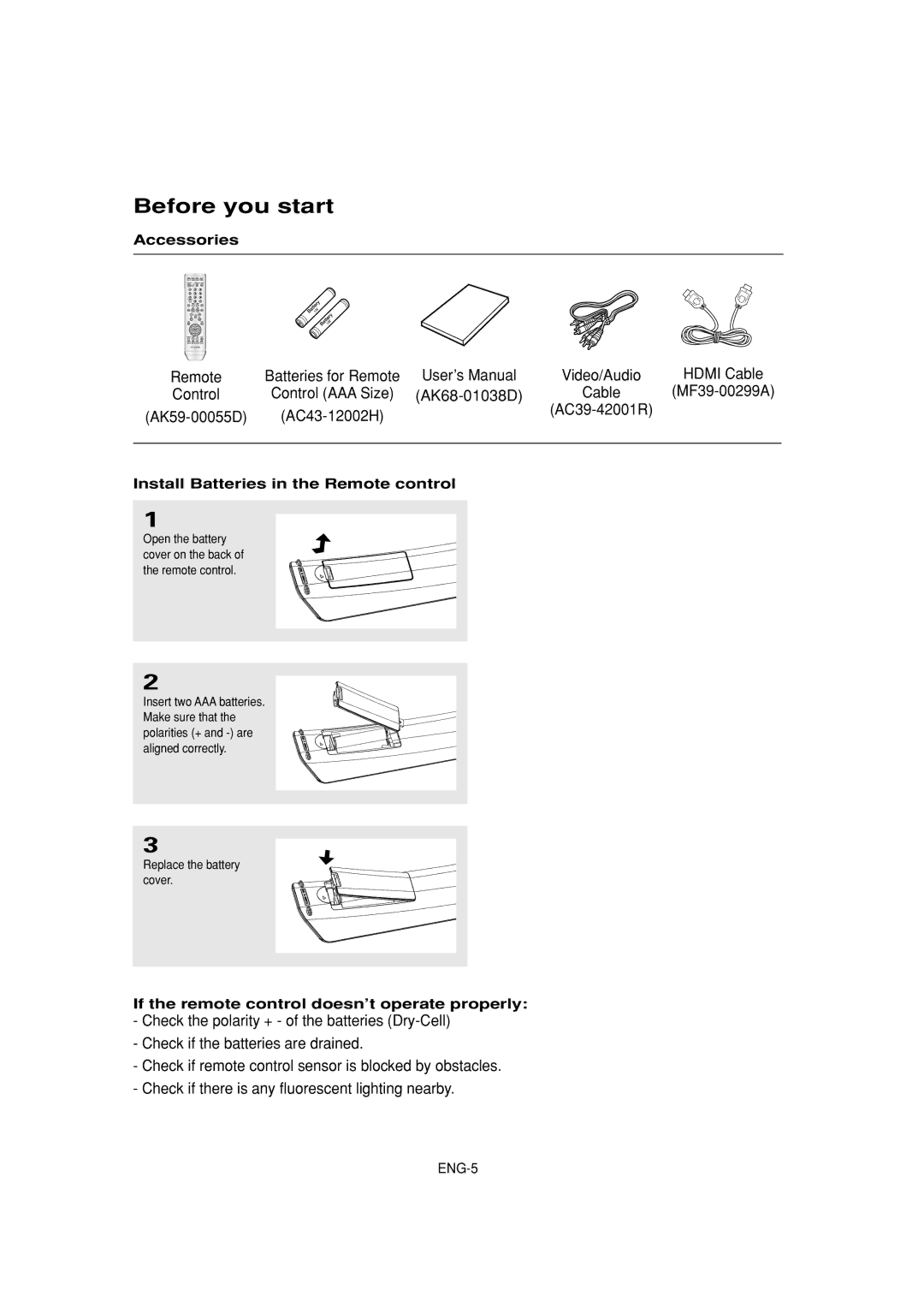 Samsung DVD-HD960 manual Before you start, Accessories, Install Batteries in the Remote control, Replace the battery cover 