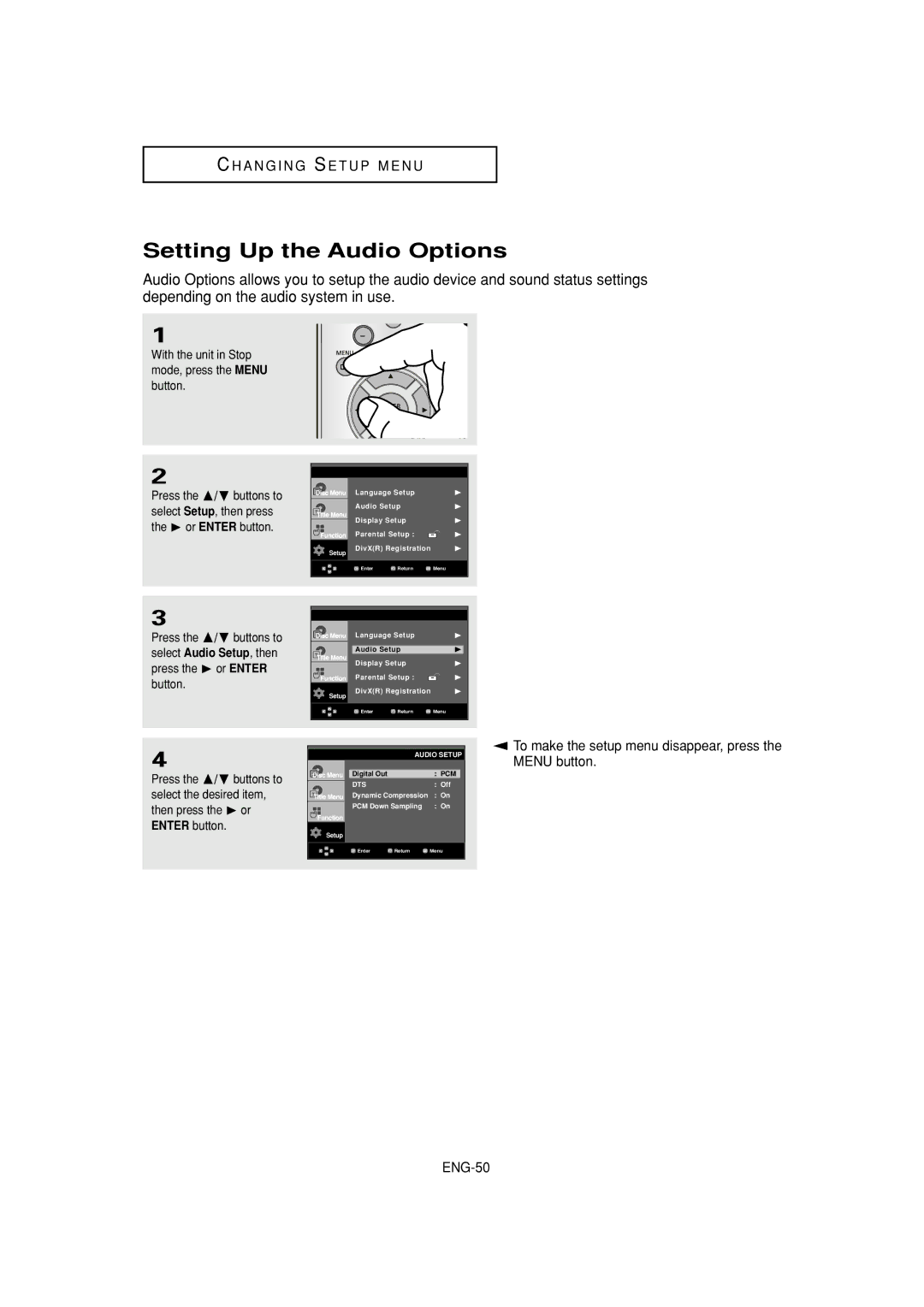 Samsung DVD-HD960 manual Setting Up the Audio Options 