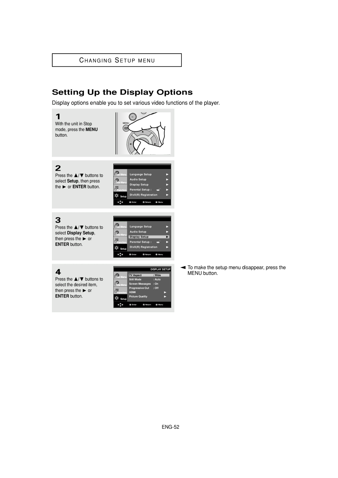 Samsung DVD-HD960 manual Setting Up the Display Options 