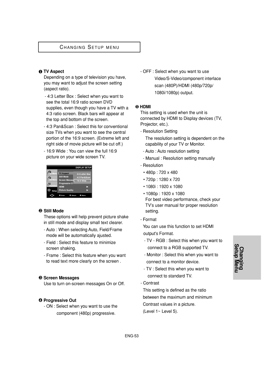 Samsung DVD-HD960 manual ❶ TV Aspect, ❷ Still Mode, ❸ Screen Messages, ❹ Progressive Out 