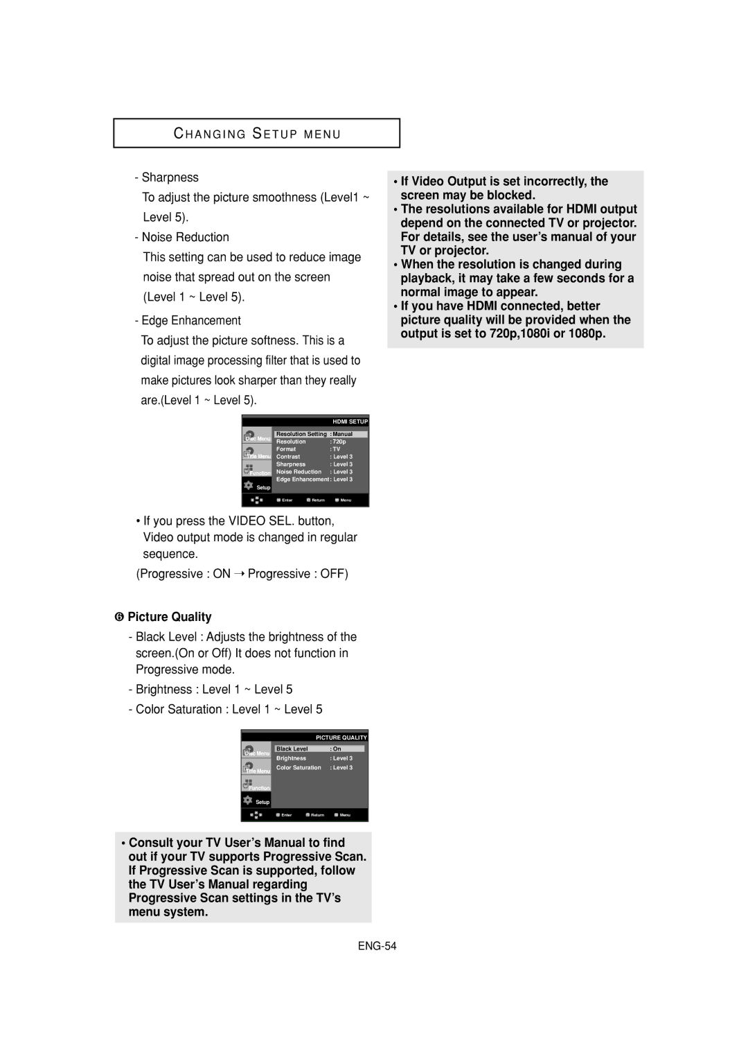 Samsung DVD-HD960 manual ❻ Picture Quality, Hdmi Setup 