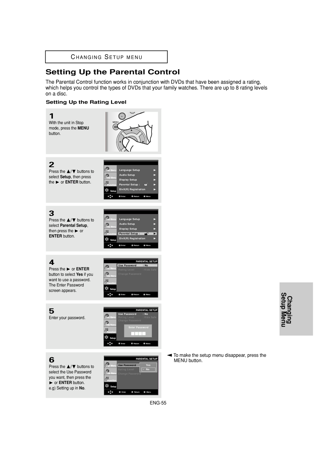 Samsung DVD-HD960 Setting Up the Parental Control, Setup, Setting Up the Rating Level, Enter your password, Changing Menu 