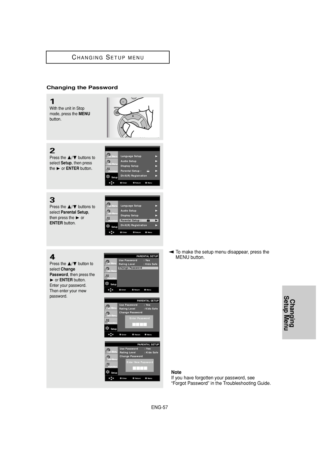 Samsung DVD-HD960 manual Changing the Password, Select Setup, then press 