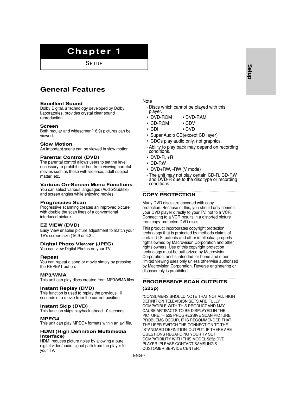 Samsung DVD-HD960 manual General Features 