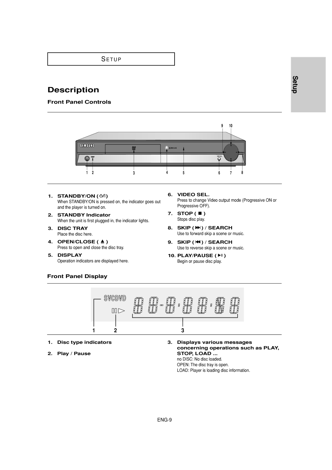 Samsung DVD-HD960 manual Description, Front Panel Controls, Front Panel Display 