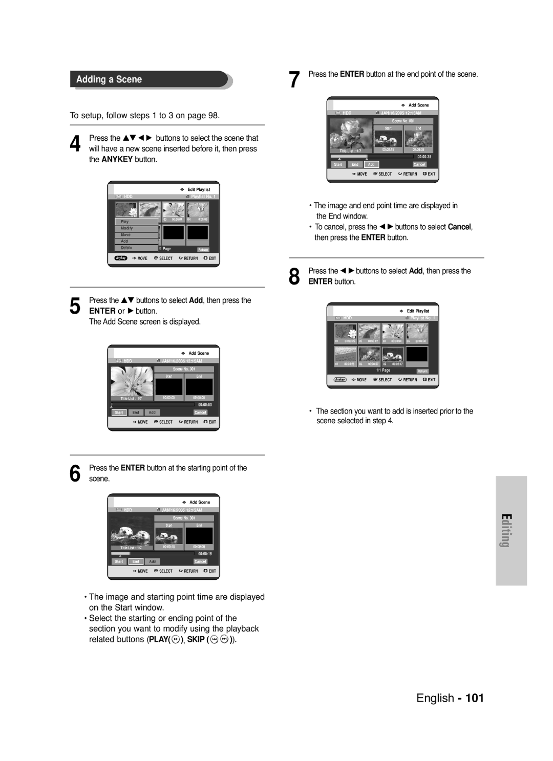 Samsung DVD-HR720 instruction manual Related buttons Play , Skip, Or √ button Add Scene screen is displayed 