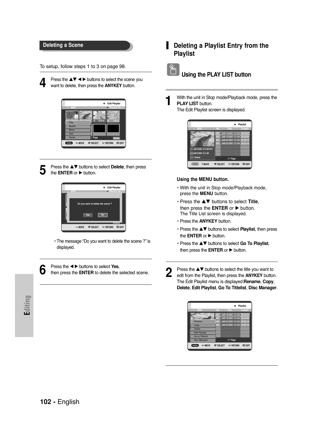 Samsung DVD-HR720 instruction manual Deleting a Playlist Entry from, Press the …† œ √ buttons to select the scene you 