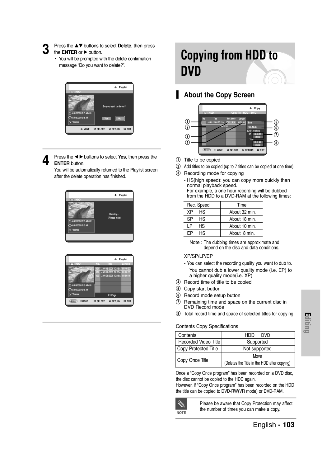 Samsung DVD-HR720 Copying from HDD to, About the Copy Screen, Message Do you want to delete?, Title to be copied 